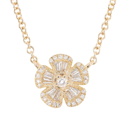 14kt gold leila baguette diamond flower necklace