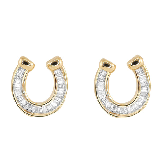 14kt gold baguette diamond good luck horseshoe studs