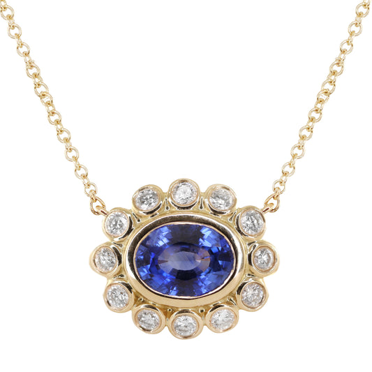 14kt gold and diamond blue sapphire bezel burst necklace