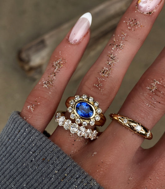 NEW! 14kt gold and diamond blue sapphire bezel burst ring