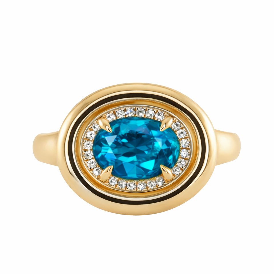14kt gold and diamond blue zircon bubble ring