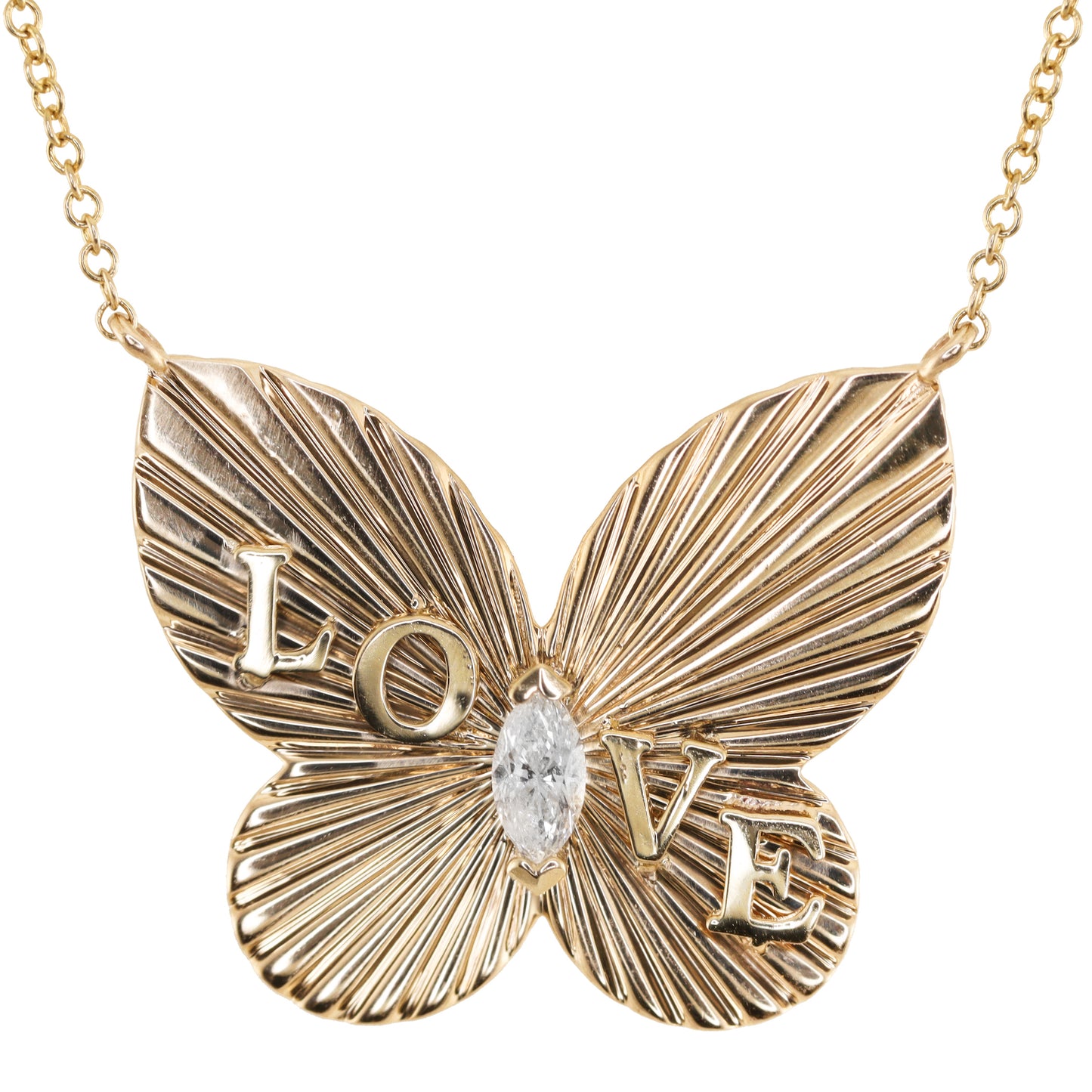 14kt gold and diamond butterfly burst love necklace