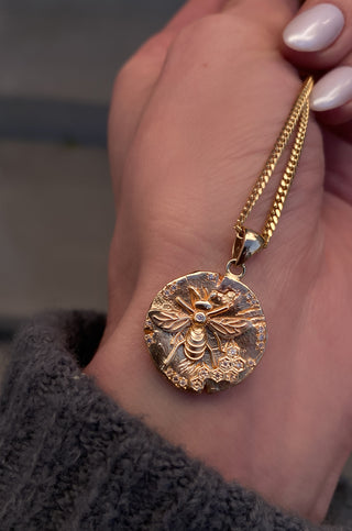 14kt gold and diamond honey bee coin necklace