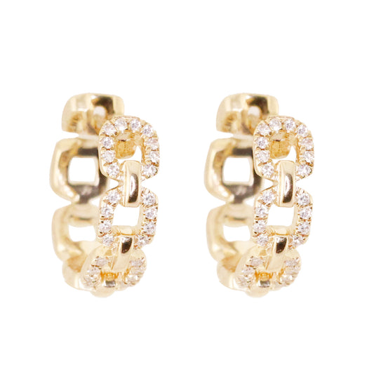 14kt gold and diamond mini chain hoop earrings