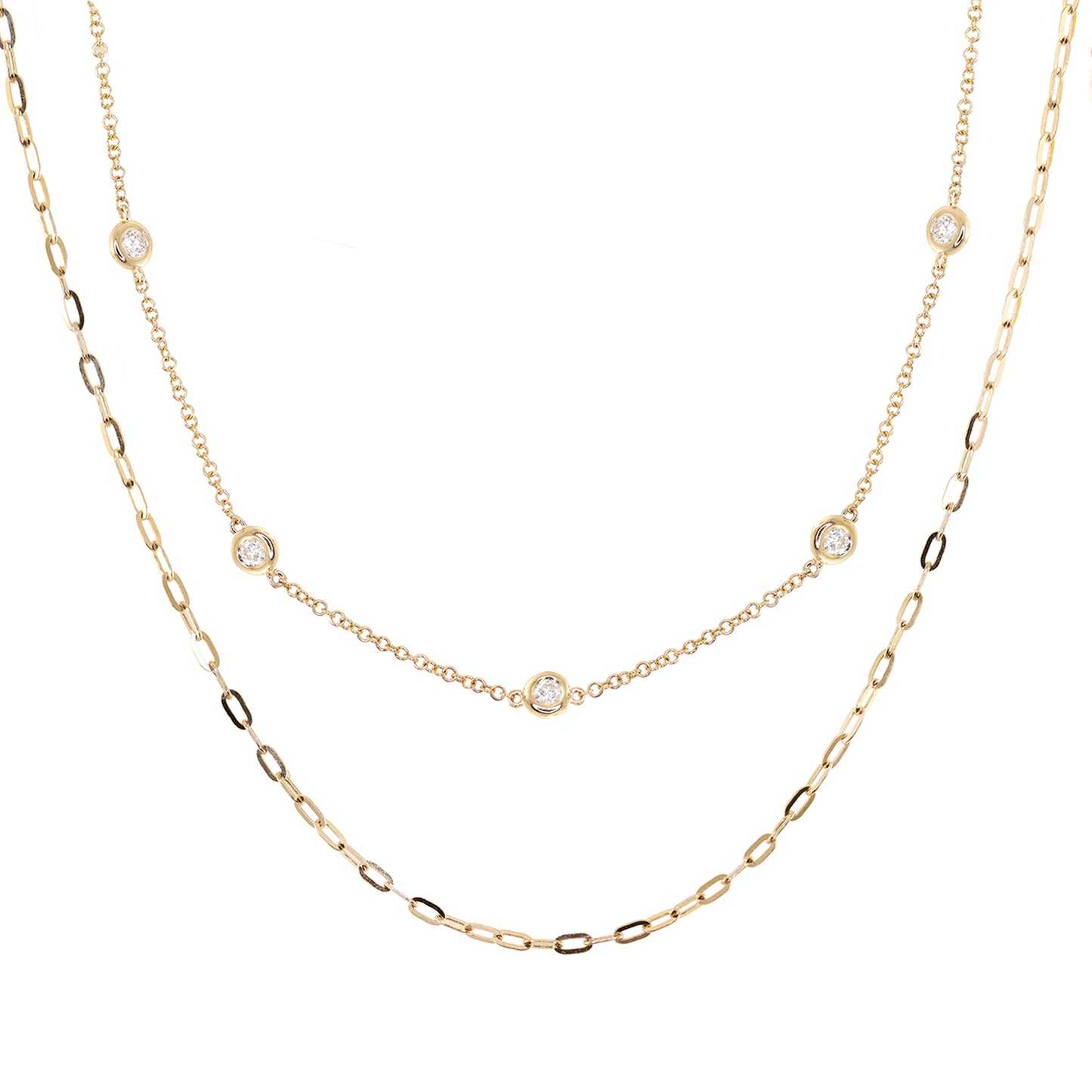 14kt gold double row diamond bezel chain necklace