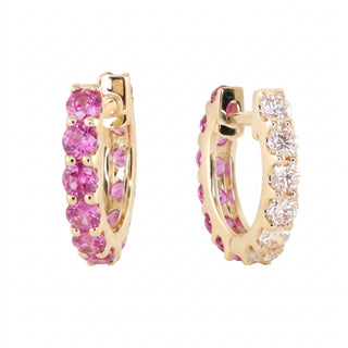 14kt gold double sided diamond pink sapphire hoop
