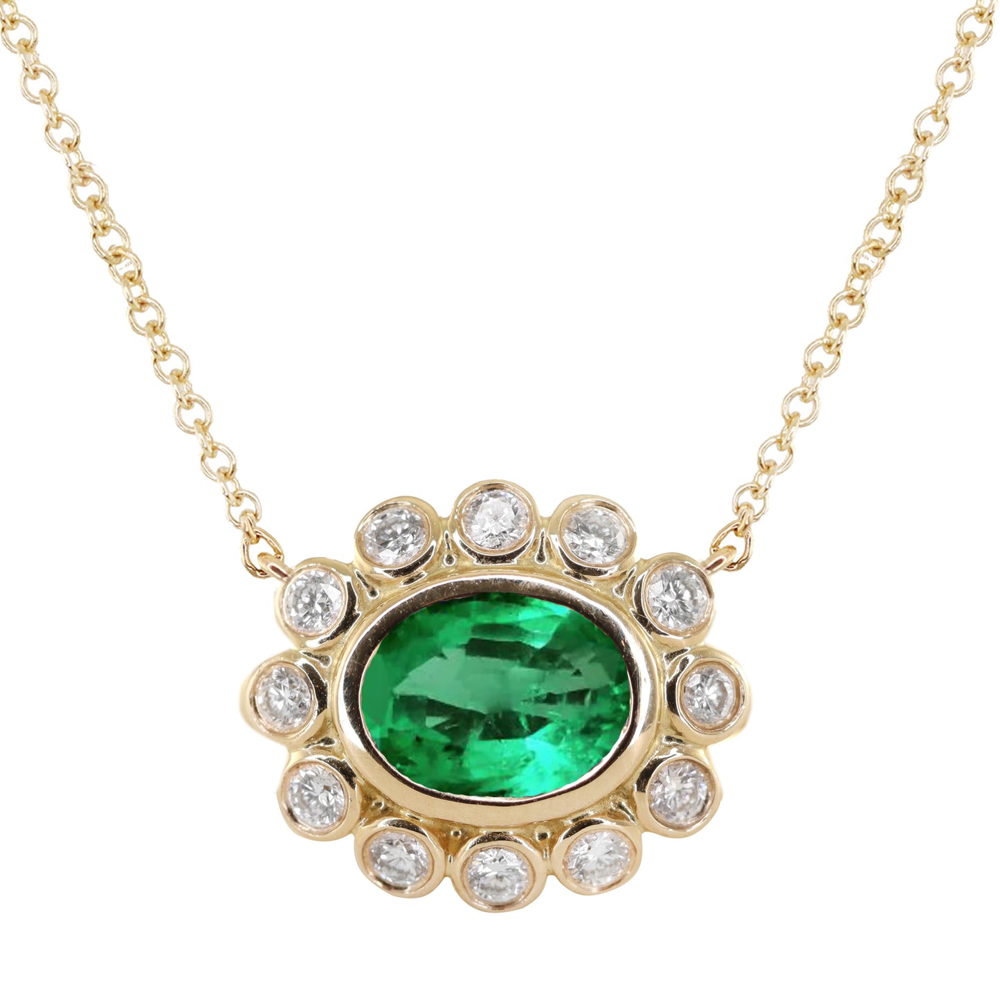 14kt gold and diamond emerald bezel burst necklace