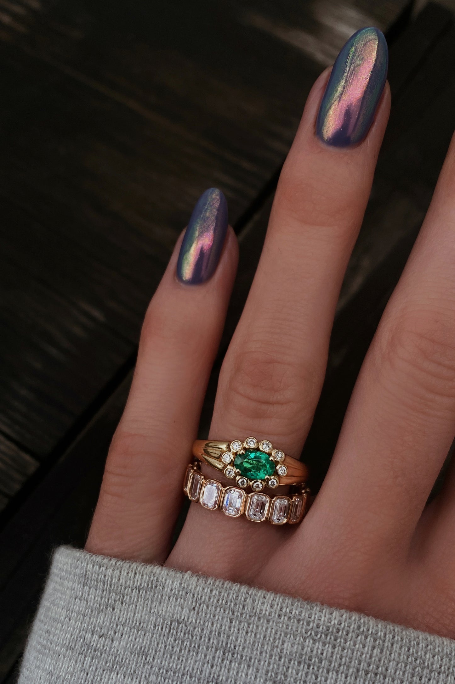 14kt gold and diamond emerald bezel baby burst ring