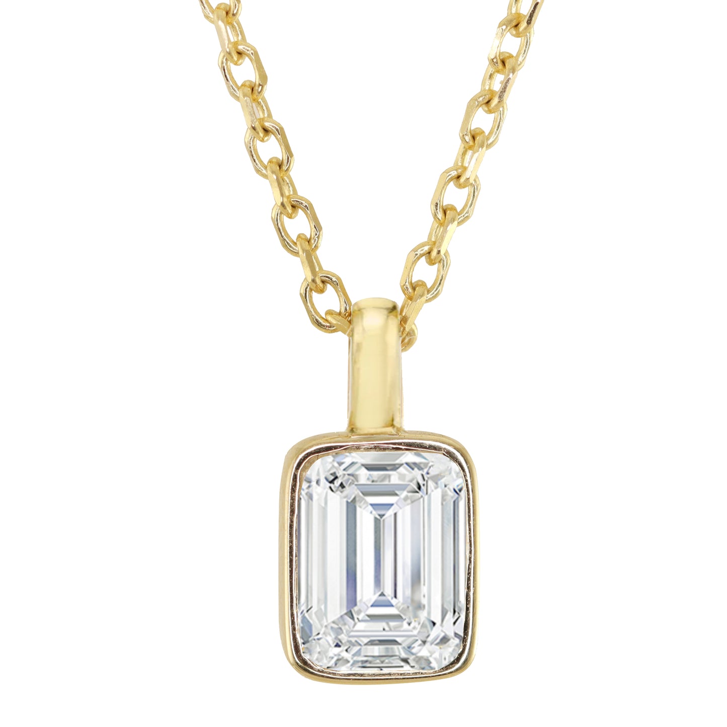 14kt gold emerald cut diamond bezel necklace