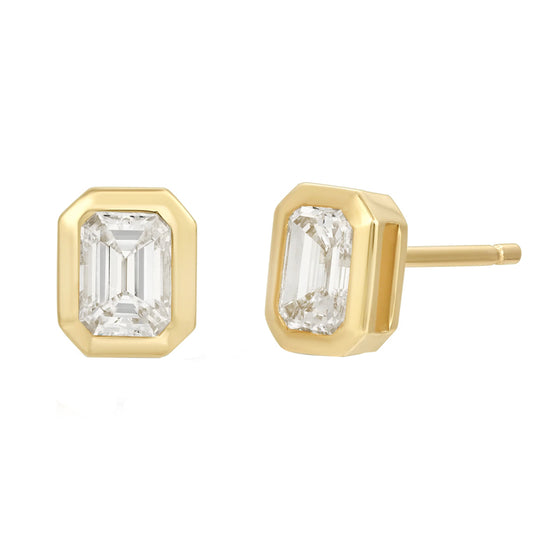 14kt gold emerald cut diamond mini bezel studs