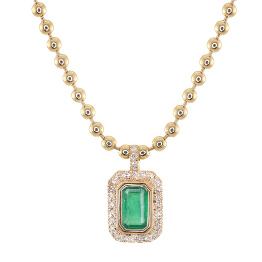 14kt gold and diamond mini emerald cut emerald necklace on ball chain