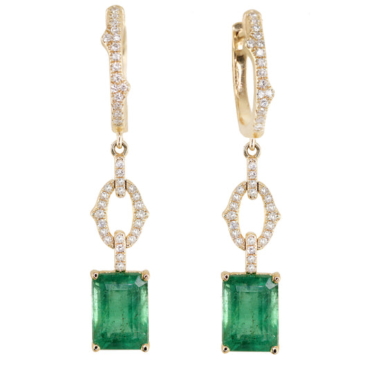 NEW! 14kt gold and diamond emerald cut emerald vine hoop