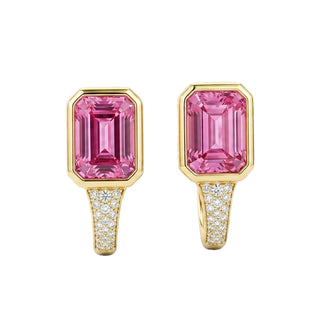 14kt gold diamond emerald cut pink sapphire hoops