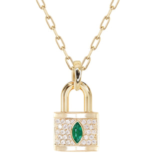 14kt gold full diamond marquise emerald love lock necklace
