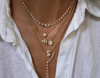 14kt gold baby diamond bubble initial necklace on ball chain