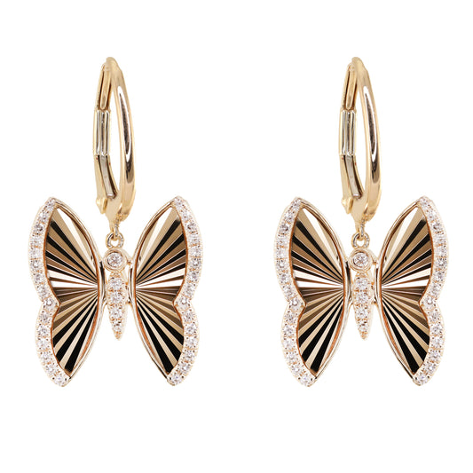 14kt gold and diamond fluted dangle butterfly hoop earrings