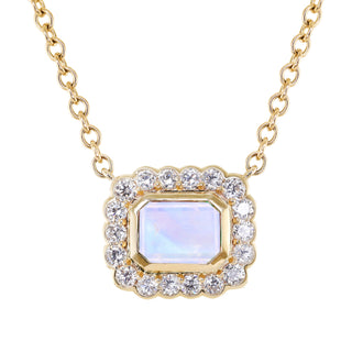 14kt gold and diamond grande emerald cut moonstone bezel burst necklace