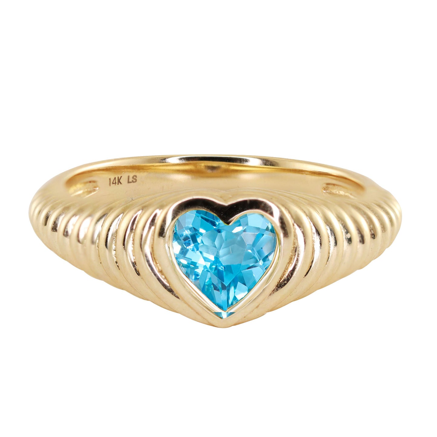 14kt gold petite blue topaz heart burst ring
