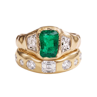 14kt gold and diamond trinity organic emerald ring