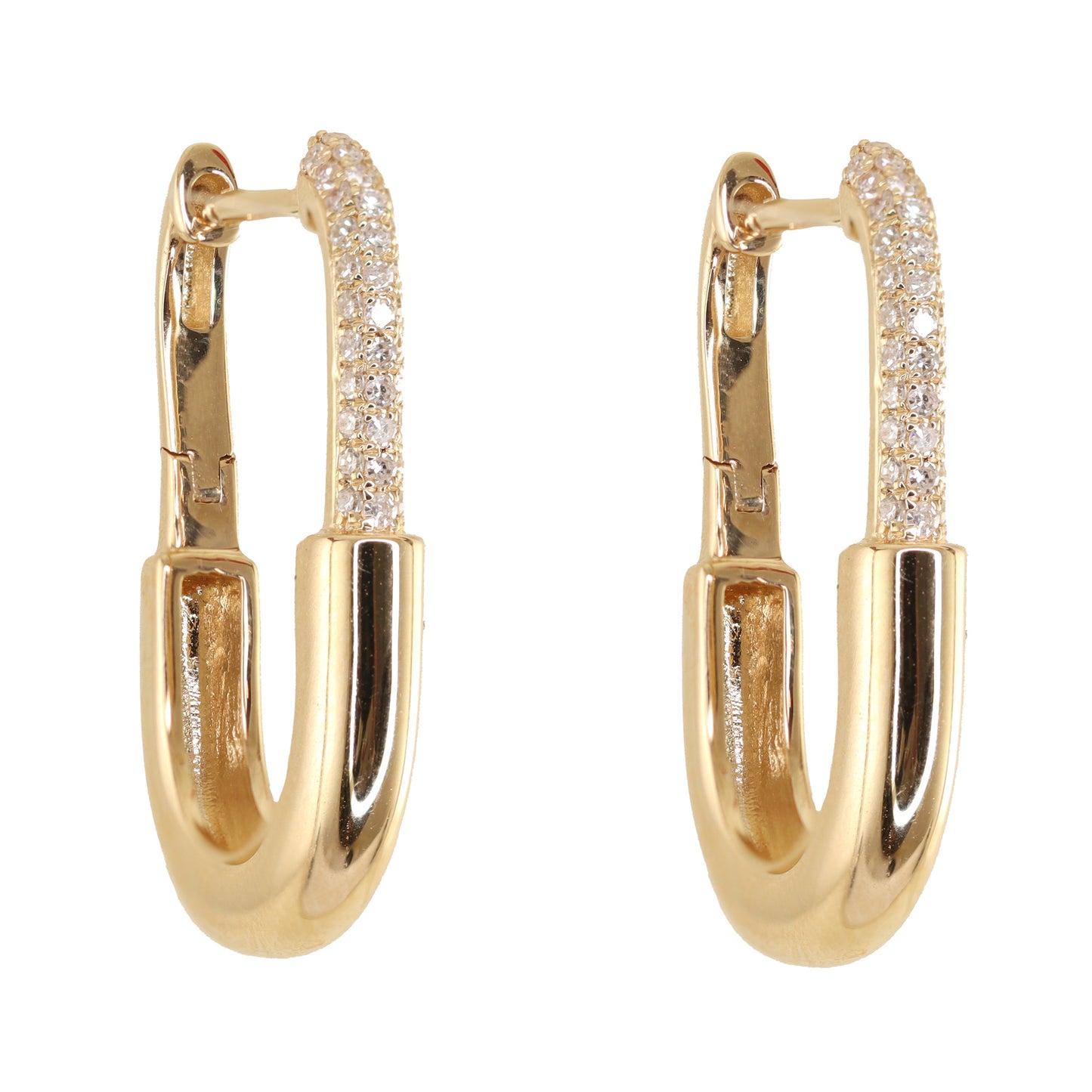 14kt gold and diamond large safety pin hoops