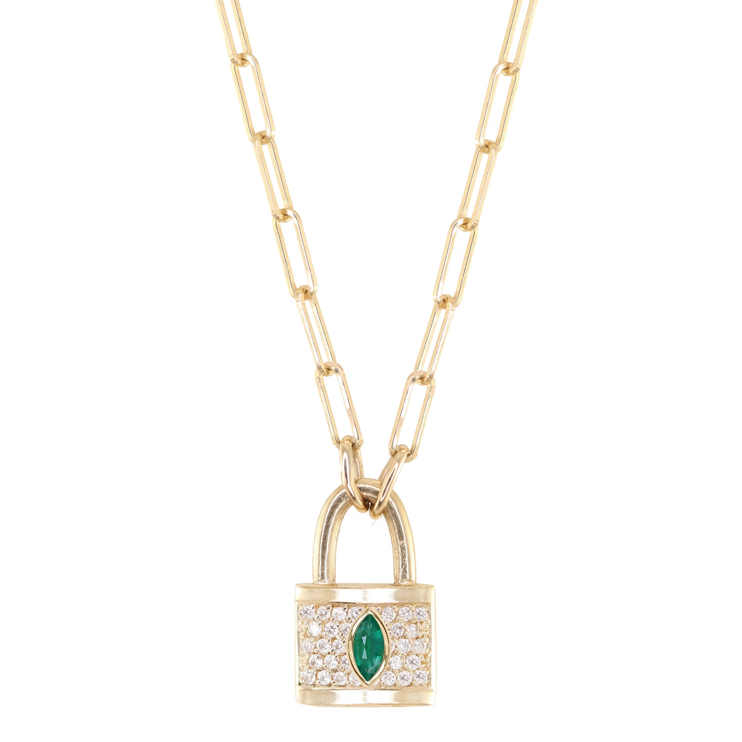14kt gold full diamond marquise emerald love lock necklace