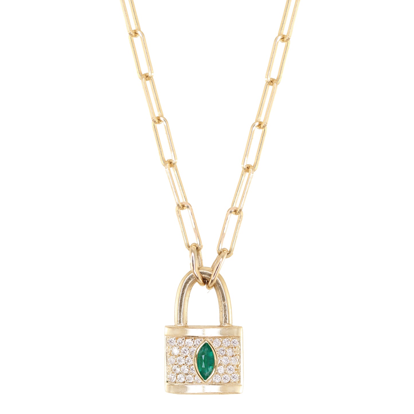 14kt gold full diamond marquise emerald love lock necklace