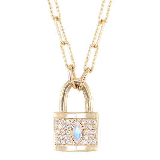 14kt gold full diamond marquise moonstone love lock necklace