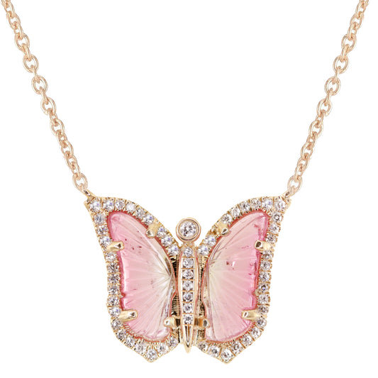 NEW! 14kt gold and diamond mini baby pink tourmaline butterfly necklace