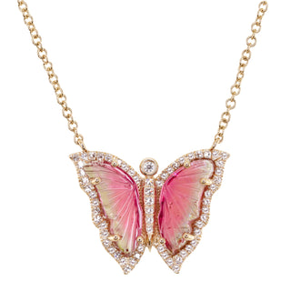 14kt gold and diamond petite watermelon tourmaline butterfly necklace