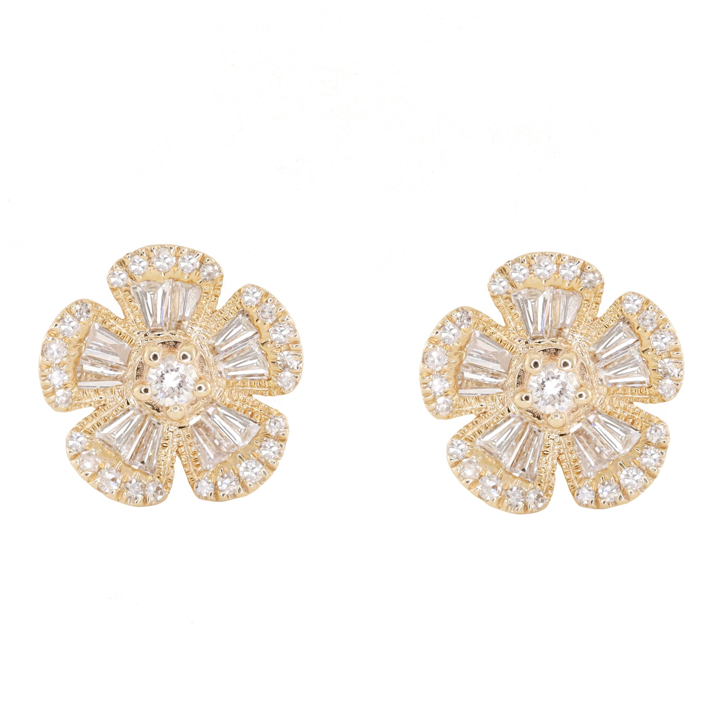 14kt gold leila baguette diamond flower studs