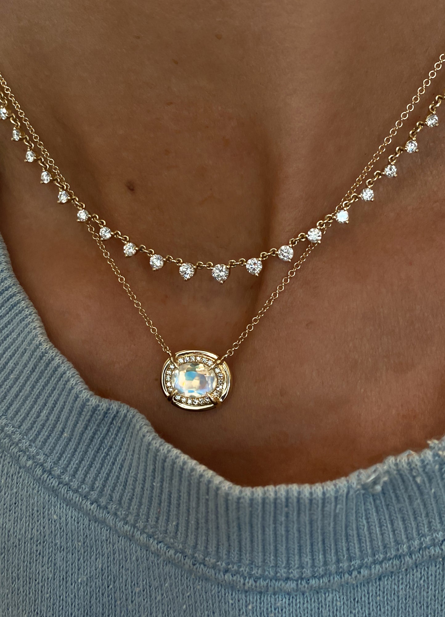 14kt gold and diamond two step moonstone necklace