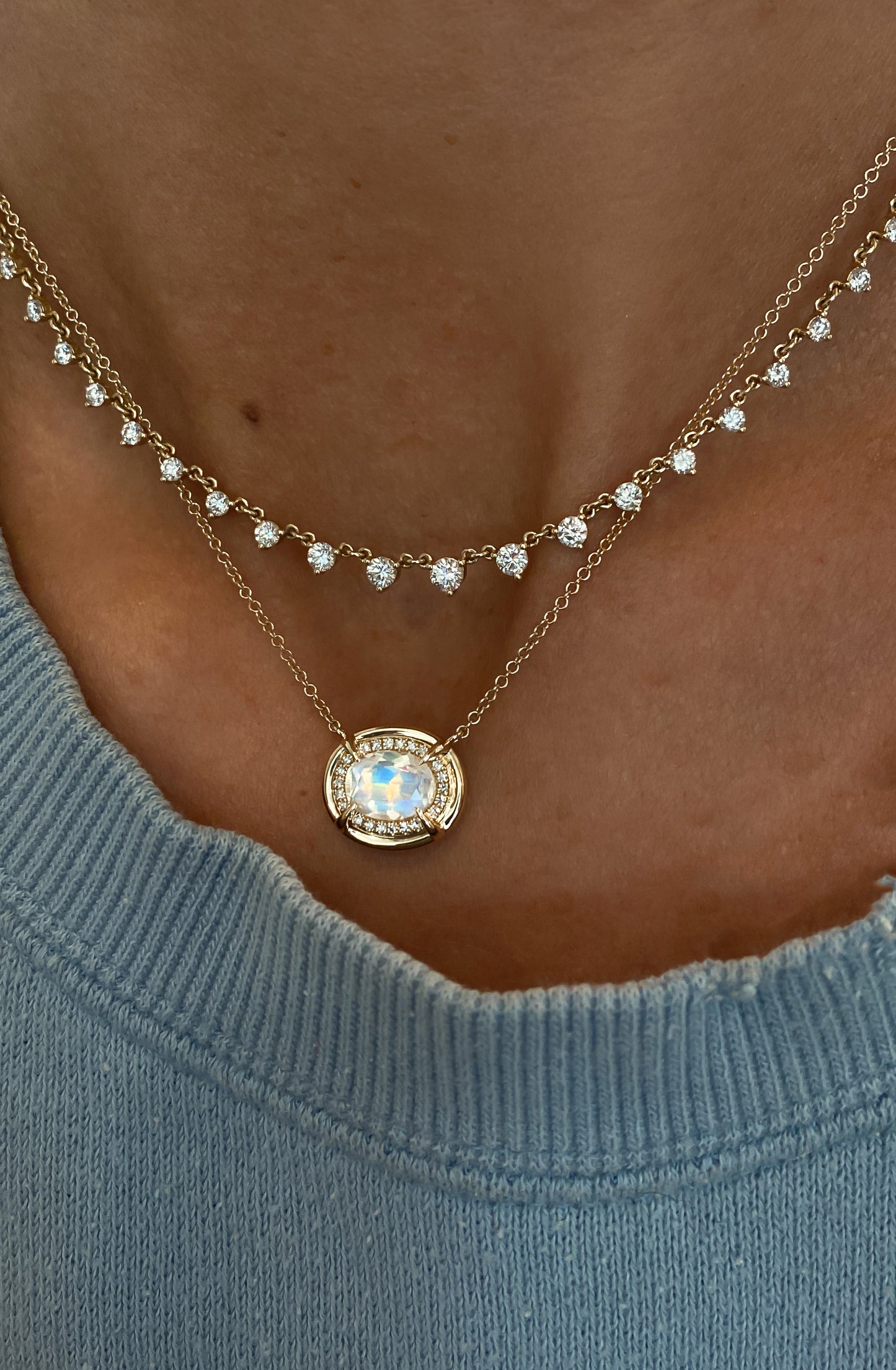 14kt gold and diamond two step moonstone necklace