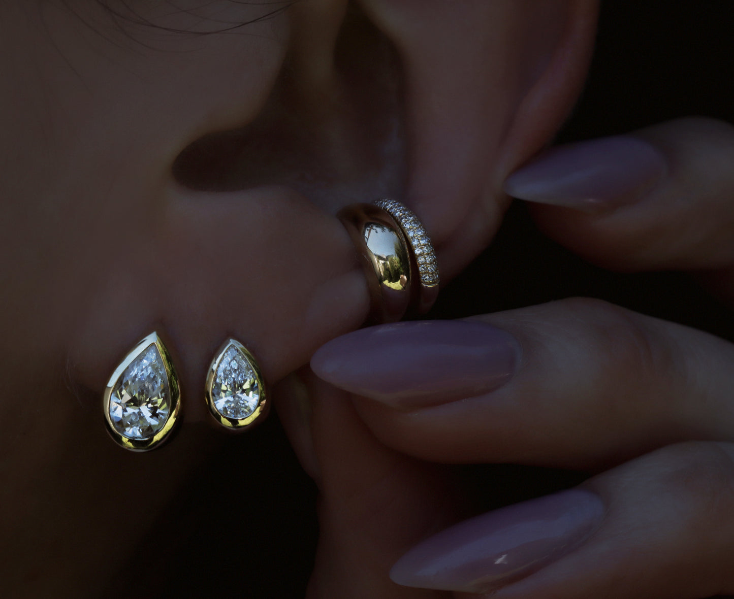 14kt gold baby teardrop diamond bezel hoop