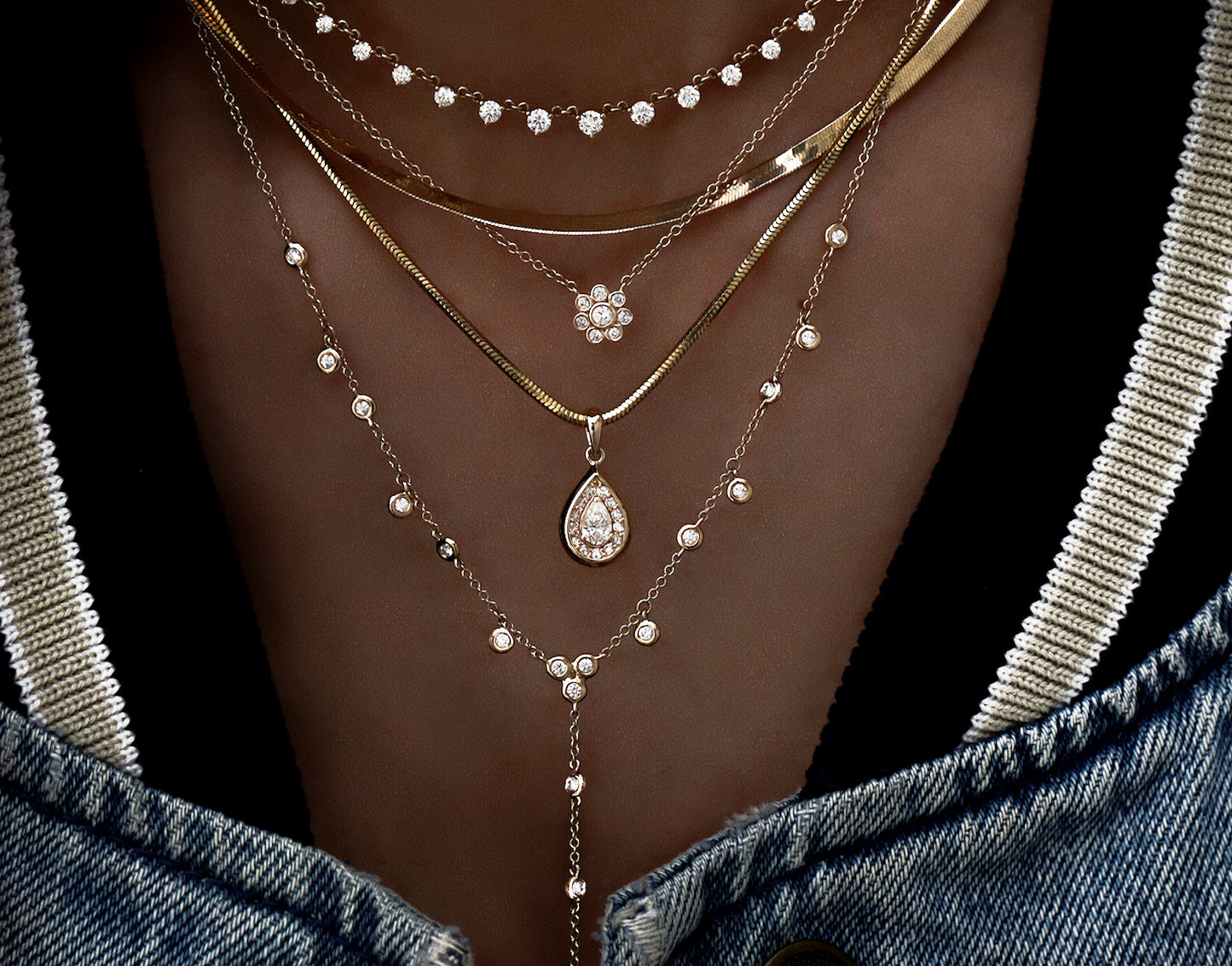 14kt gold single row diamond bezel drip lariat necklace