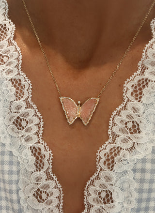 14kt gold and diamond pink opal baby butterfly necklace