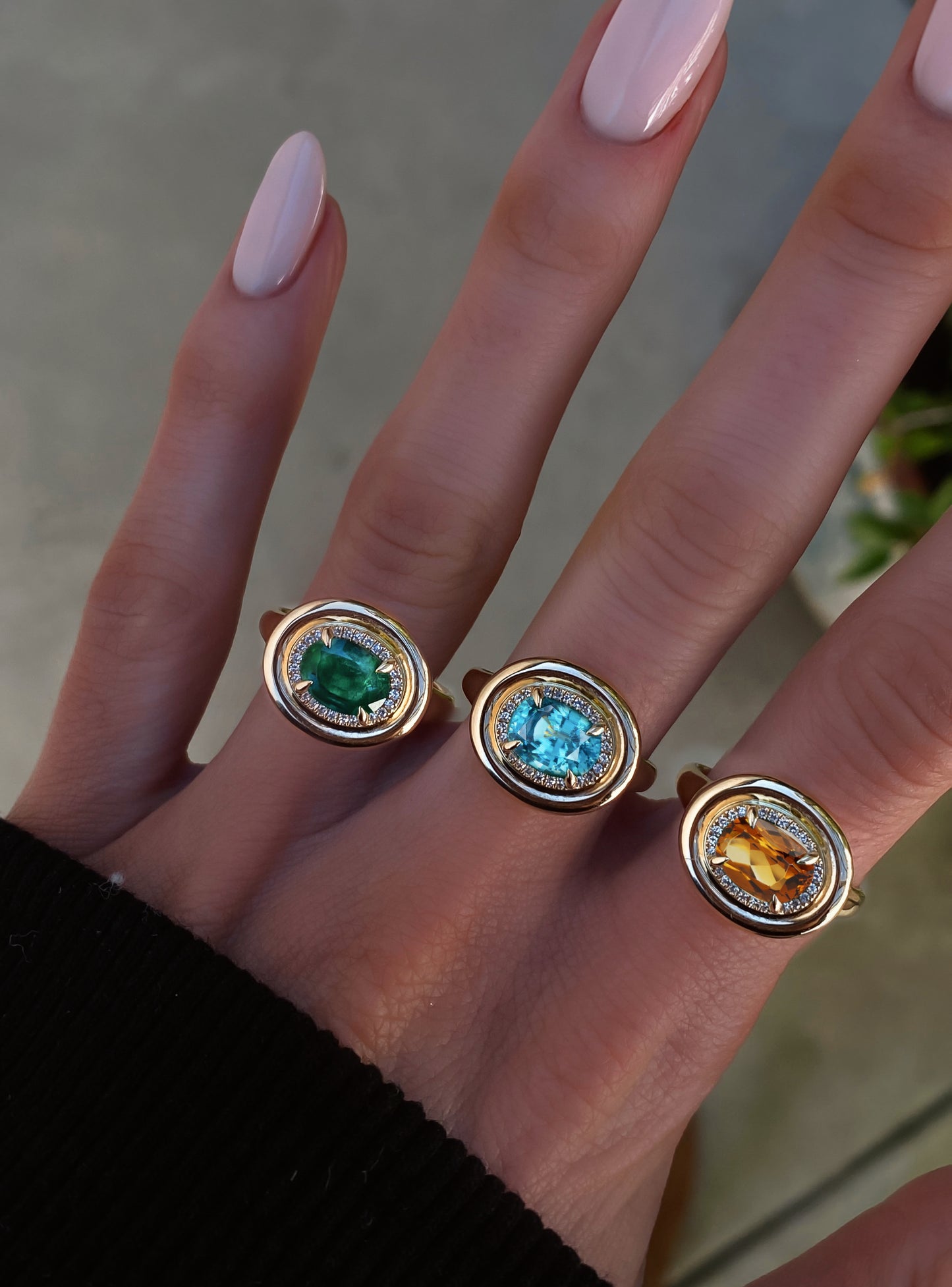14kt gold and diamond blue zircon bubble ring