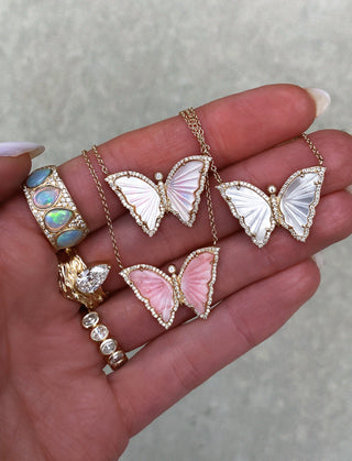 14kt gold and diamond pink opal baby butterfly necklace