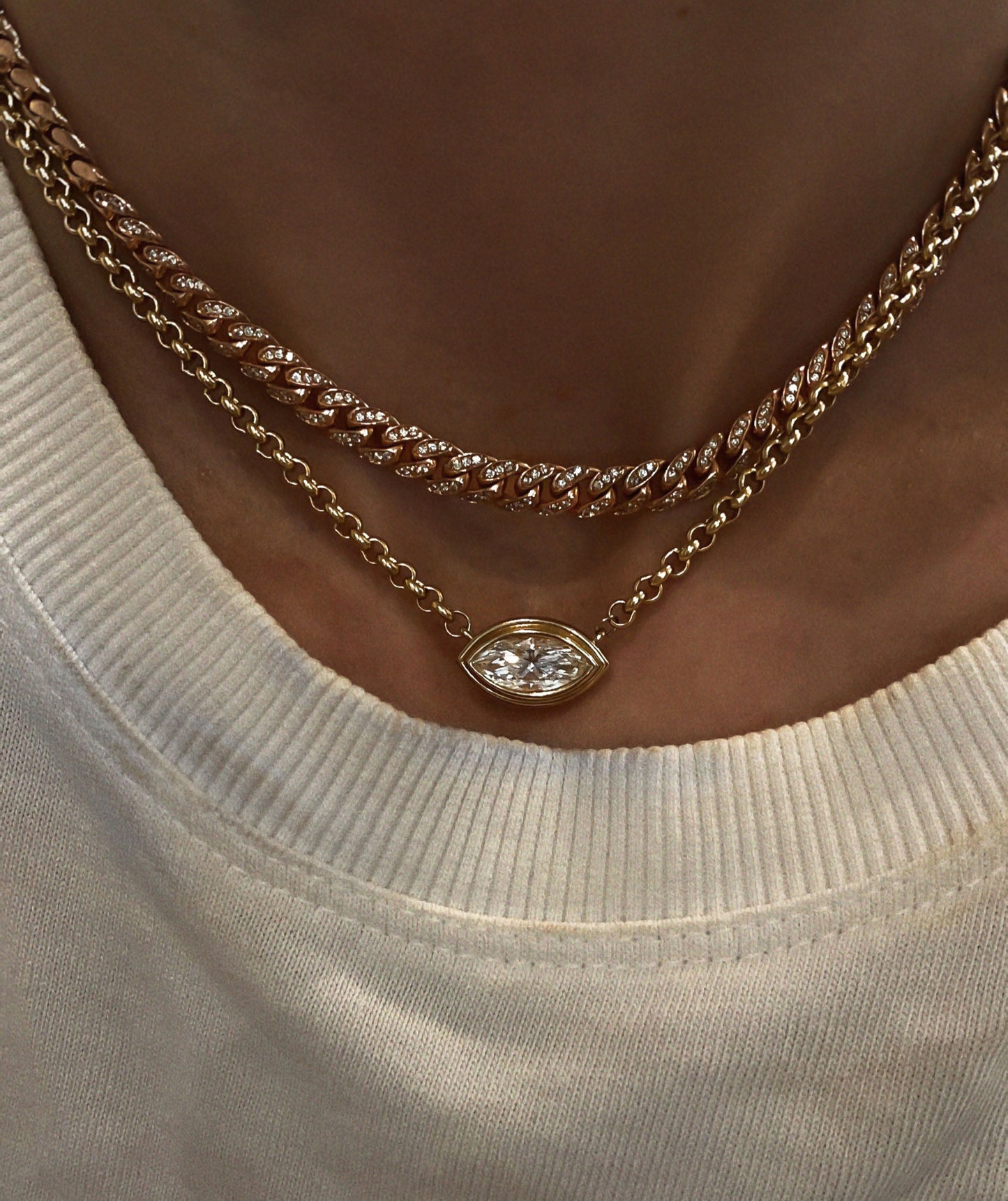 14kt gold two step marquise diamond bezel necklace