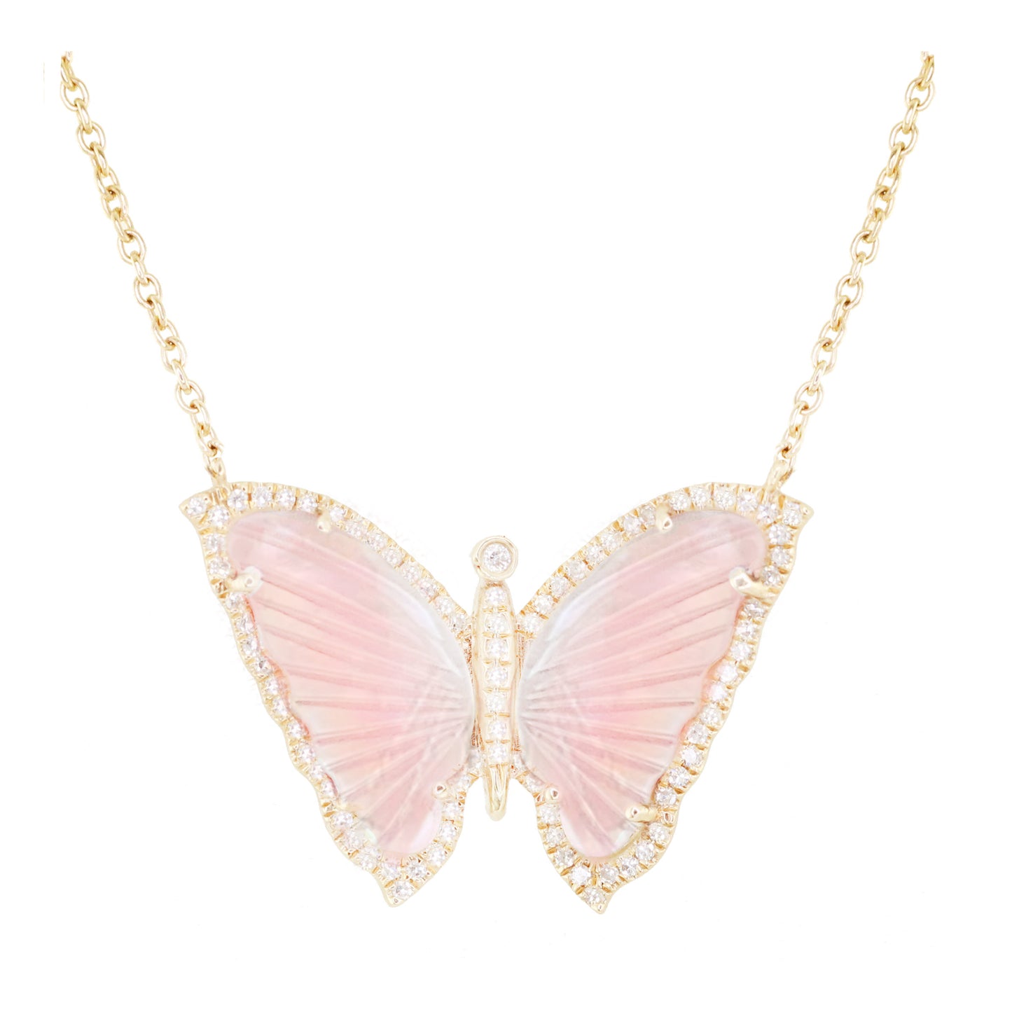 14kt gold and diamond pink opal baby butterfly necklace