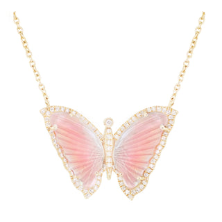 14kt gold and diamond pink opal baby butterfly necklace