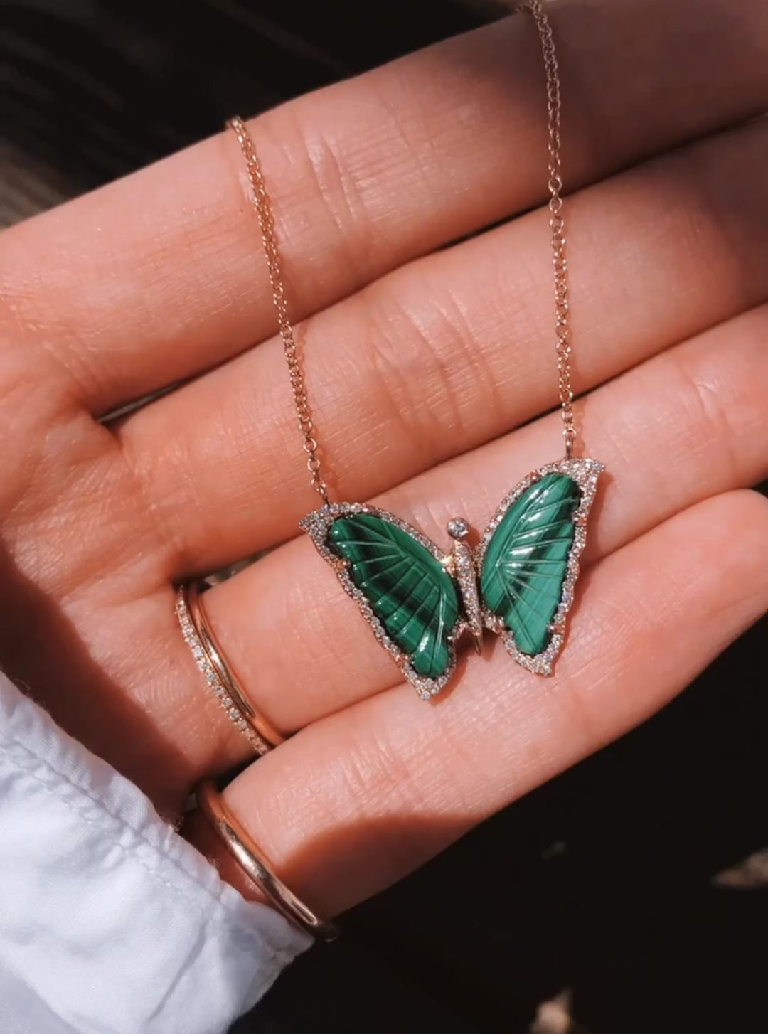 14kt gold and diamond malachite baby butterfly necklace