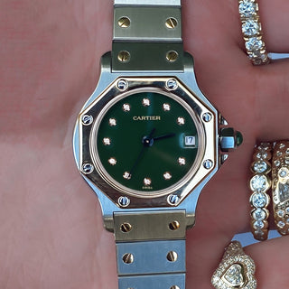 Vintage Cartier Santos Octagon 24mm Two Tone Diamond Emerald Watch