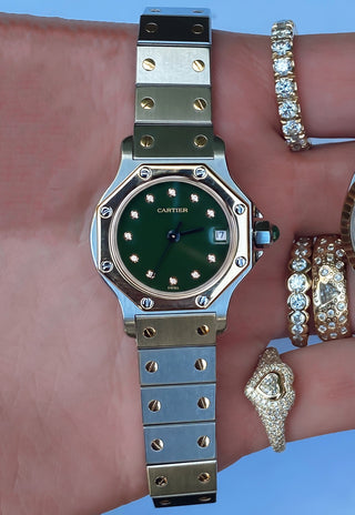 Vintage Cartier Santos Octagon 24mm Two Tone Diamond Emerald Watch