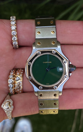 Vintage Cartier Santos Octagon 24mm Two Tone Emerald Watch