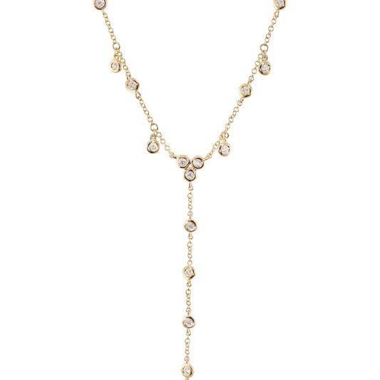 14kt gold single row diamond bezel drip lariat necklace