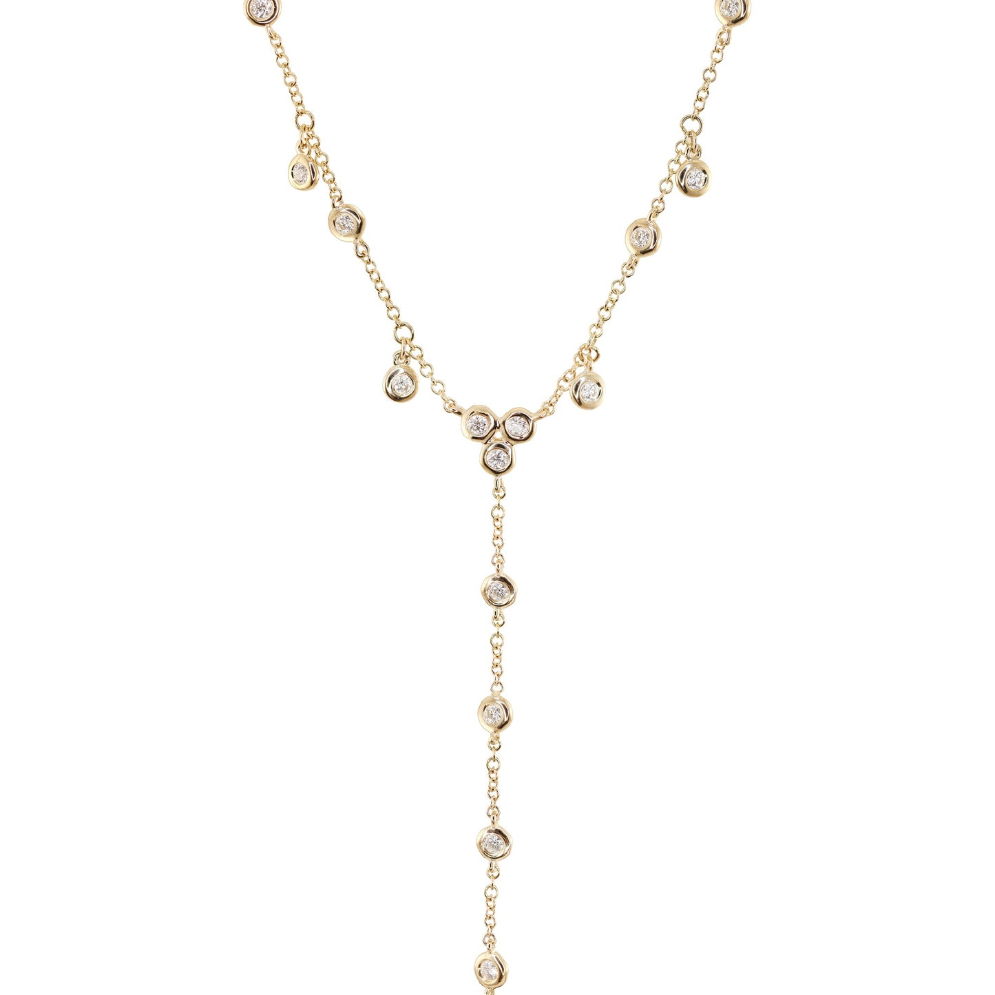 14kt gold single row diamond bezel drip lariat necklace