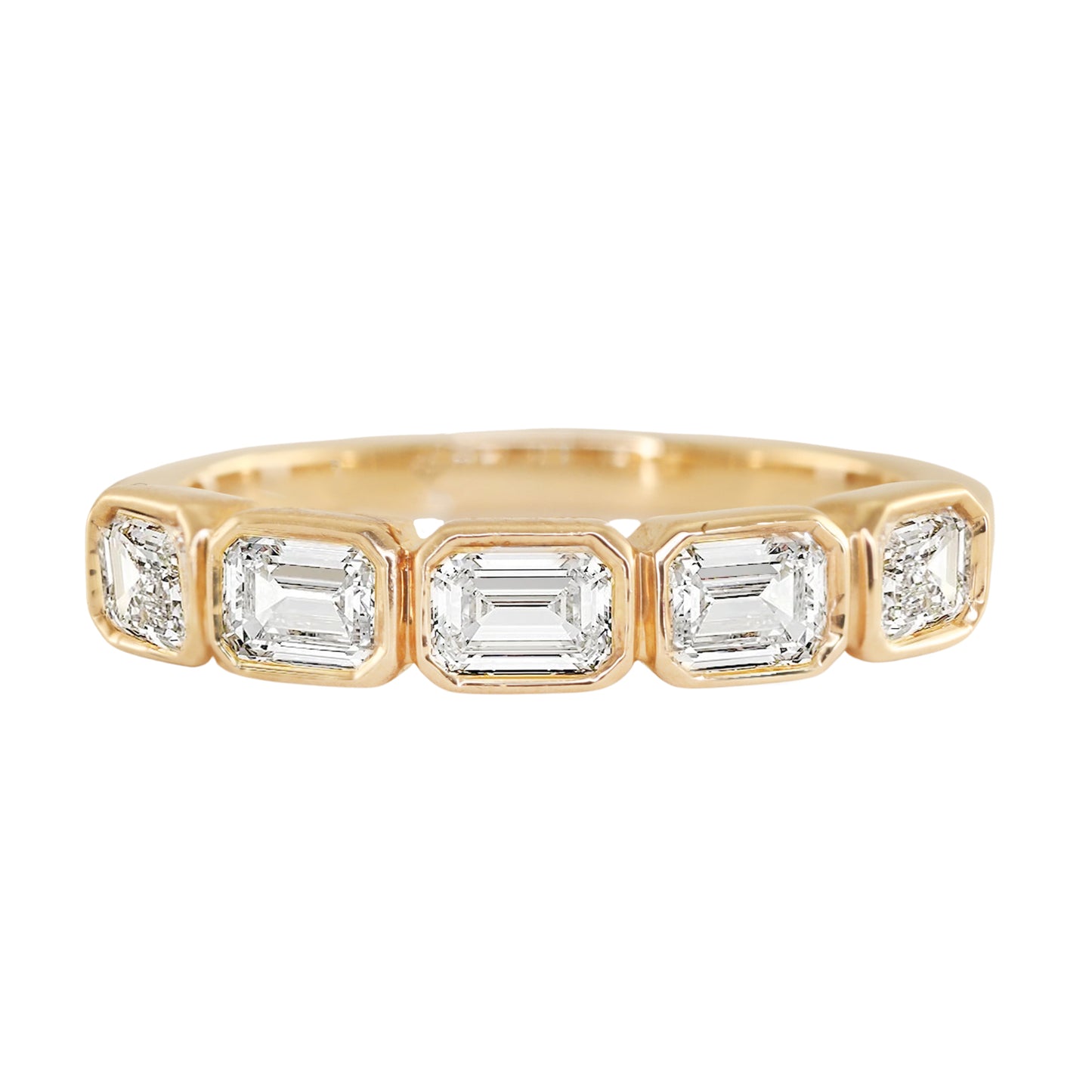 14kt gold five horizontal emerald cut diamond bezel band