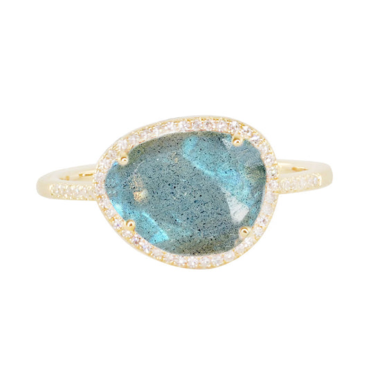 14kt gold and diamond single band labradorite ring