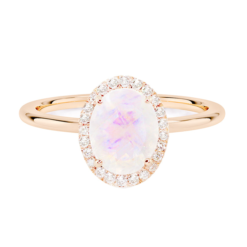 14kt gold and diamond solitaire moonstone ring with halo