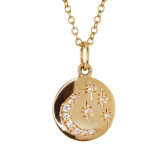 14kt gold diamond star and moon mini disk necklace